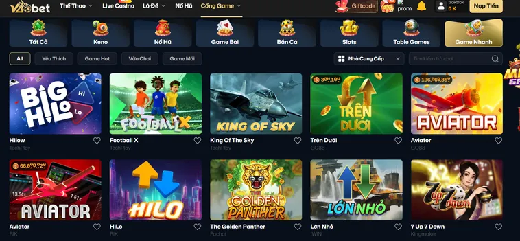 Trải Nghiệm Cảm Giác Mạnh Với Sảnh Game Nhanh VaoBet Cực Cuốn