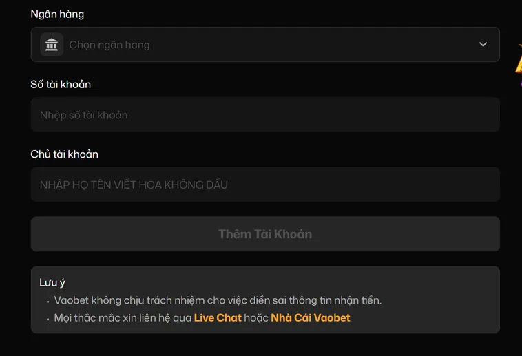 Hướng dẫn rút tiền qua tài khoản ngân hàng tại Vaobet.
